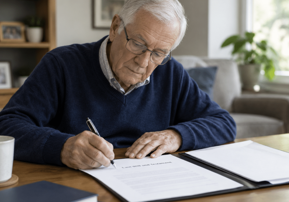 An elderly Victorian prepares his will in the comfort of his living room