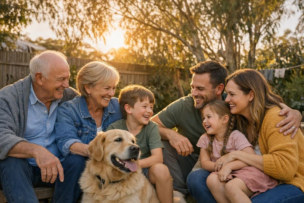 Happy family with grandparents and children outdoors, representing will and power of attorney planning